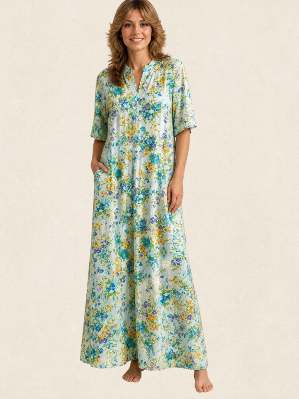 Vintage 70s Hudson’s Bay Japan Floral Crinkle Maxi Hostess House Dress Pockets
